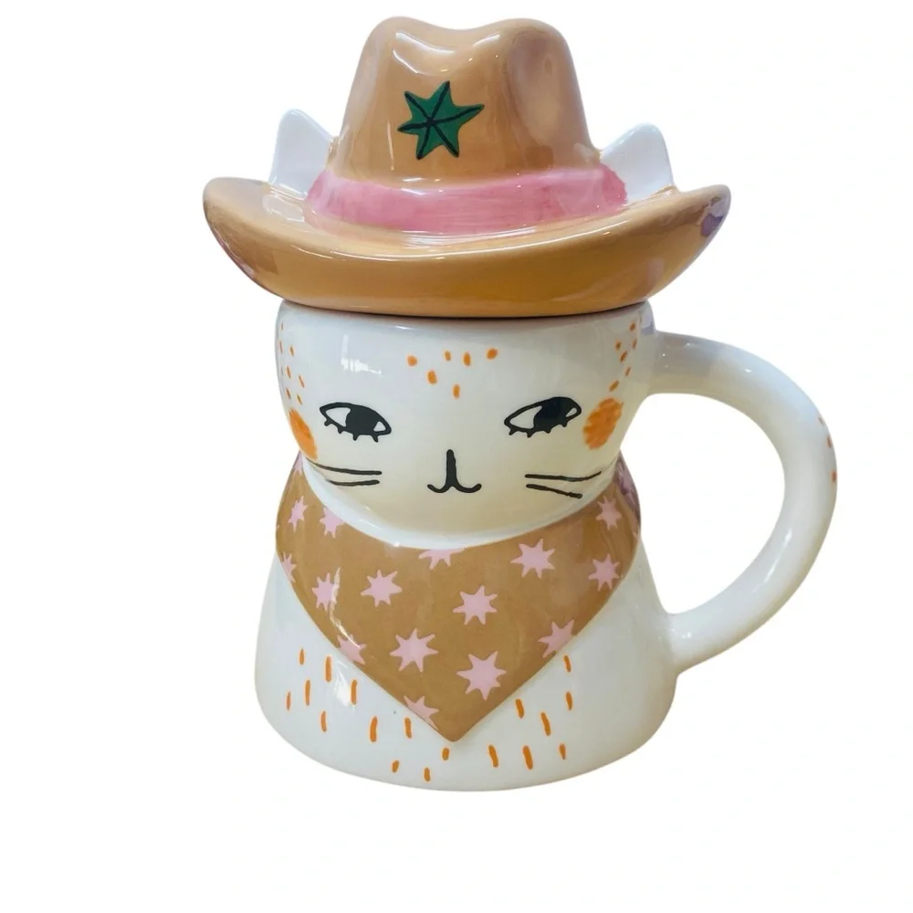 WORLD MARKET Cowboy Cat Mug with Bandana detail and hat lid